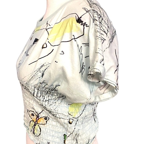 Urban Outfitters Womens Blue Crew Neck Ruched Waist Printed Cropped Top Sz Large - Picture 8 of 11